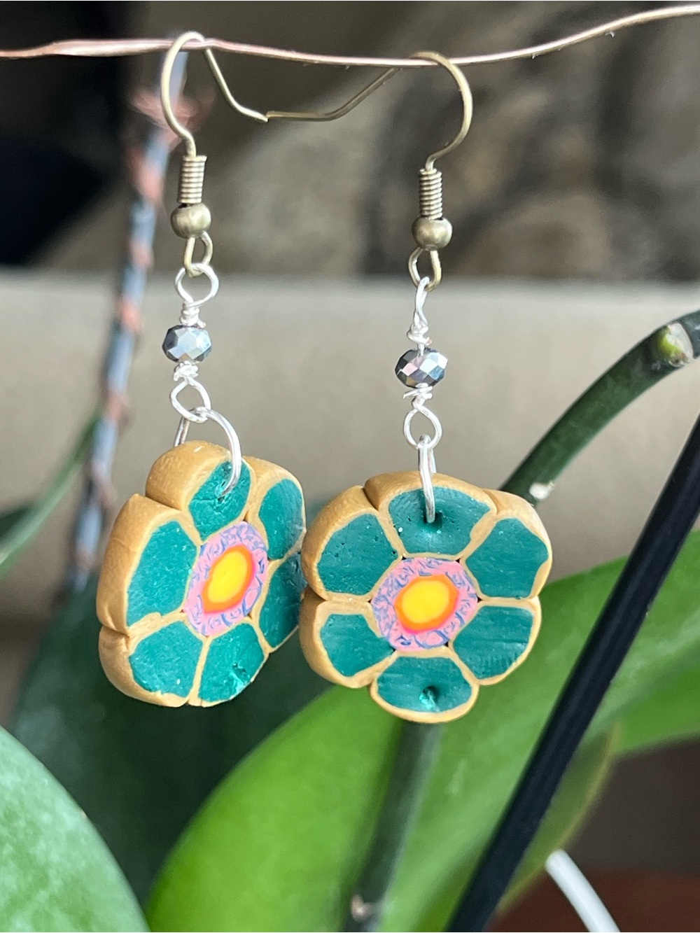 Handmade polymer clay Teal Green Flower Drop Earrings by